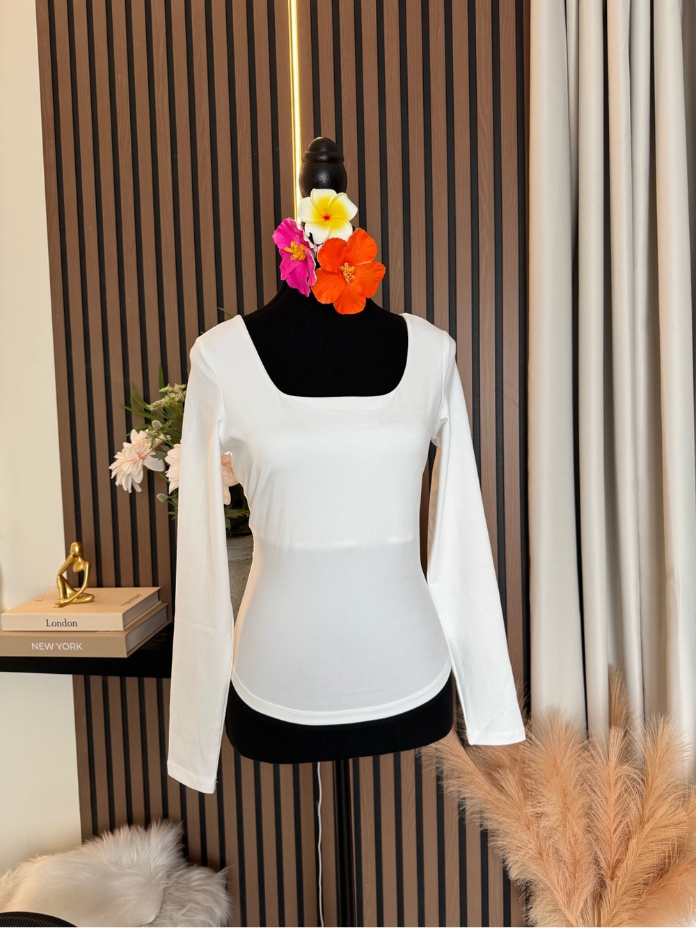 Classic White Square-Neck Long Sleeve Top